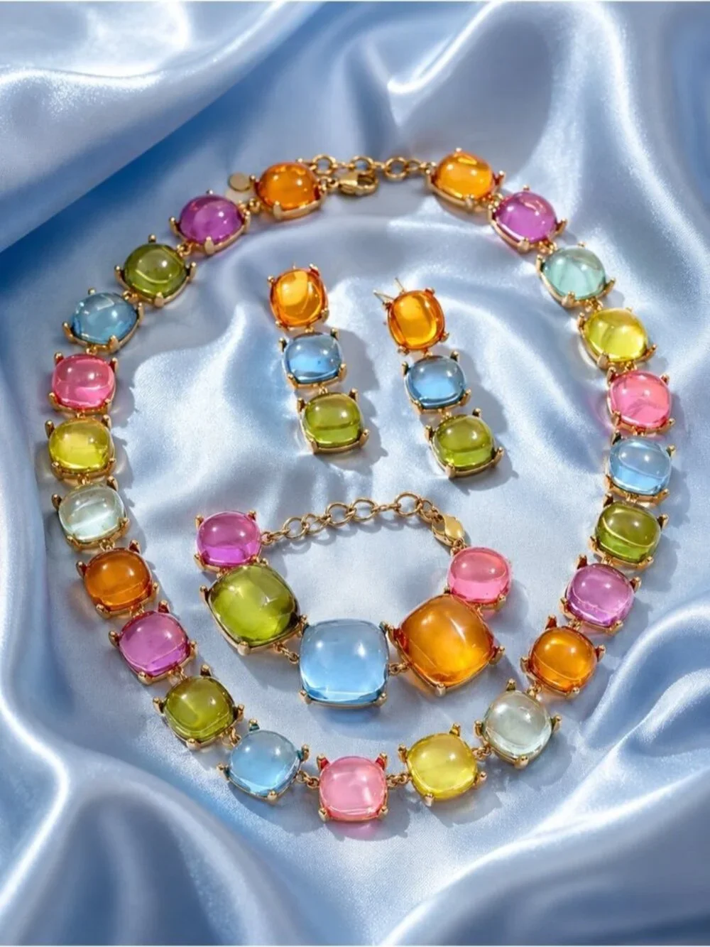 Multicolor Cabochon Necklace, bracelet & Earring Set